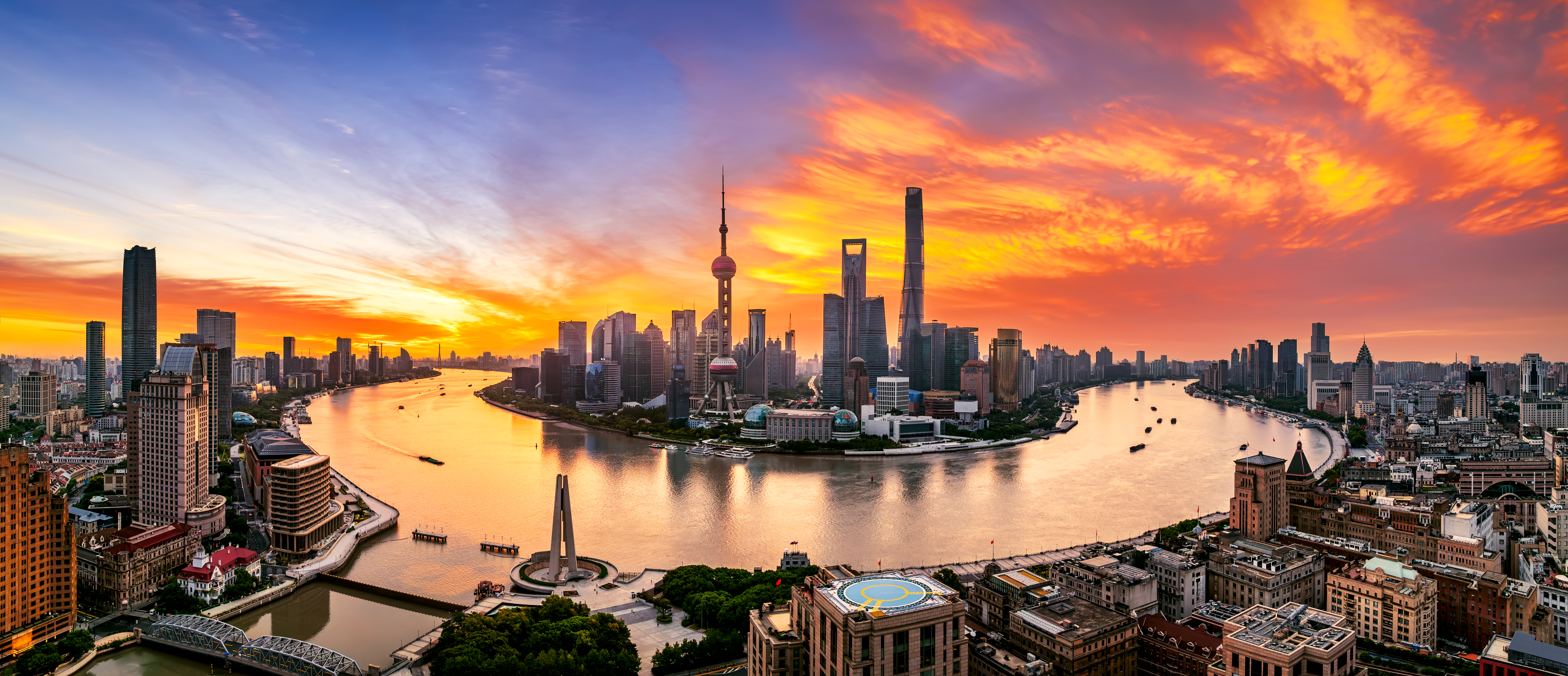 Shanghai city financial district skyline panorama at sunrise